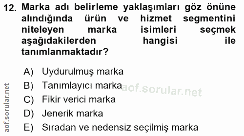 12. soru: Marka adı belirleme yaklaşımları göz önüne alındığında ürünve hizmet segmentini niteleyen marka isimleri seçmek aşağı…