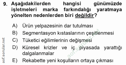 9. soru: Aşağıdakilerden hangisi günümüzde işletmeleri marka farkındalığı yaratmaya yönelten nedenlerden biri değildir? A) Ürü…