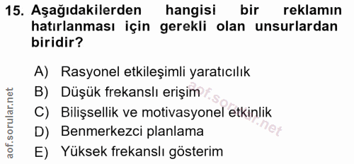 15. soru: Aşağıdakilerden hangisi bir reklamın hatırlanması için gerekli olan unsurlardan biridir? A) Rasyonel etkileşimli yara…