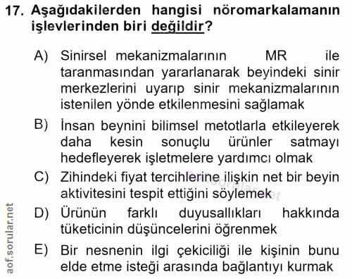 17. soru: Aşağıdakilerden hangisi nöromarkalamanın işlevlerinden biri değildir? A) Sinirsel mekanizmalarının MR ile taranmasınd…