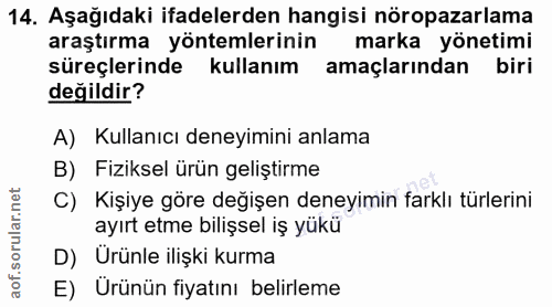 14. soru: Aşağıdaki ifadelerden hangisi nöropazarlama araştırma yöntemlerinin marka yönetimi süreçlerinde kullanım amaçlarından…