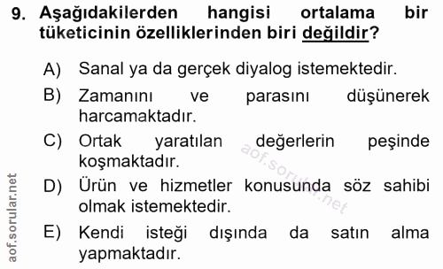 9. soru: Aşağıdakilerden hangisi ortalama bir tüketicinin özelliklerinden biri değildir? A) Sanal ya da gerçek diyalog istemek…