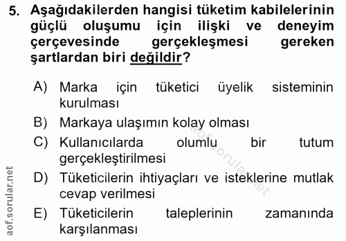 5. soru: Aşağıdakilerden hangisi tüketim kabilelerinin güçlü oluşumu için ilişki ve deneyim çerçevesinde gerçekleşmesi gereken…