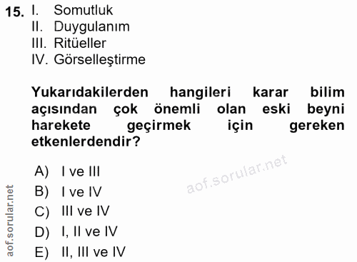 15. soru: 1. Somutluk II. Duygulanım III. Ritüeller IV. Görselleştirme Yukarıdakilerden hangileri karar bilim açısından çok öne…