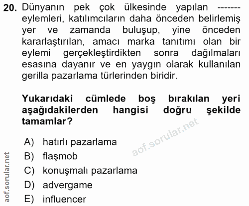 20. soru: Dünyanın pek çok ülkesinde yapılan eylemleri, katılımcıların daha önceden belirlemiş yer ve zamanda buluşup, yine önc…