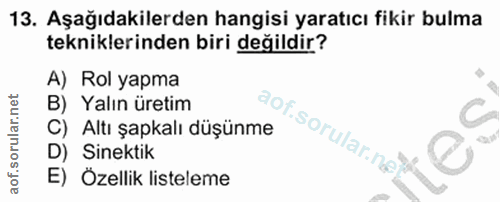 13. soru: Aşağıdakilerden hangisi yaratıcı fikir bulma tekniklerinden biri değildir? A) Rol yapma B) Yalın üretim C) Altı şapka…
