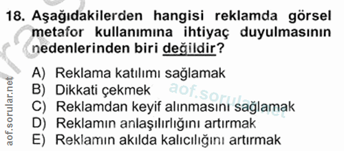 18. soru: Aşağıdakilerden hangisi reklamda görsel metafor kullanımına ihtiyaç duyulmasının nedenlerinden biri değildir? A) Rekl…