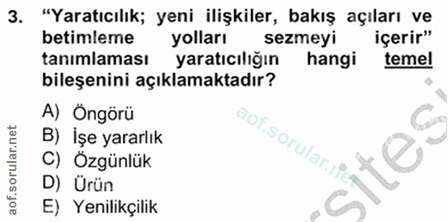 3. soru: "Yaratıcılık; yeni ilişkiler, bakış açıları ve betimleme yolları sezmeyi içerir" tanımlaması yaratıcılığın hangi teme…