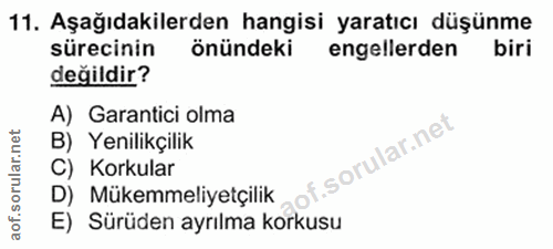 11. soru: Aşağıdakilerden hangisi yaratıcı düşünme sürecinin önündeki engellerden biri değildir? A) Garantici olma B) Yenilikçi…