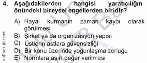 4. soru: Aşağıdakilerden hangisi yaratıcılığın önündeki bireysel engellerden biridir? A) Hayal kurmanın zaman kaybı olarak gör…