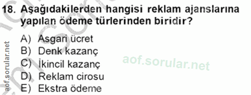 18. soru: Aşağıdakilerden hangisi reklam ajanslarına yapılan ödeme türlerinden biridir? A) Asgari ücret B) Denk kazanç C) Ikinc…