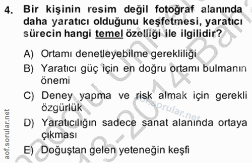 4. soru: Bir kişinin resim değil fotoğraf alanında daha yaratıcı olduğunu keşfetmesi, yaratıcı sürecin hangi temel özelliği il…