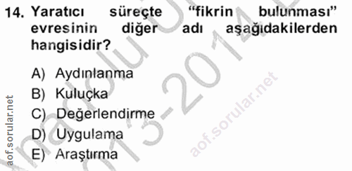 14. soru: Yaratıcı süreçte "fikrin bulunması" evresinin diğer adı aşağıdakilerden hangisidir? A) Aydınlanma B) Kuluçka i sorula…