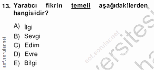 13. soru: Yaratıcı fikrin temeli aşağıdakilerden, hangisidir? A) İlgi B) Sevgi ersites C) Edim D) Evre E) Bilgi