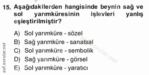 15. soru: Aşağıdakilerden hangisinde beynin sağ ve sol yarımküresinin işlevleri yanlış eşleştirilmiştir? A) Sol yarımküre - söz…