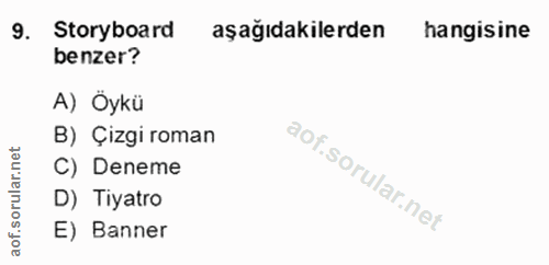 9. soru: Storyboard aşağıdakilerden hangisine benzer? A) Öykü B) Çizgi roman ar.net ar C) Deneme D) Tiyatro aof. E) Banner