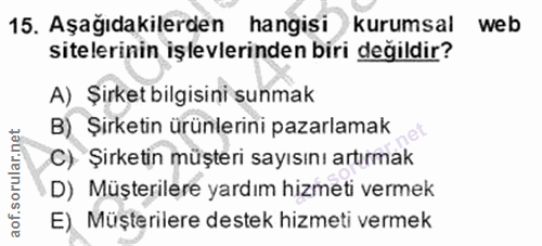 15. soru: Aşağıdakilerden hangisi kurumsal web sitelerinin işlevlerinden biri değildir? A) Şirket bilgisini sunmak B) Şirketin…