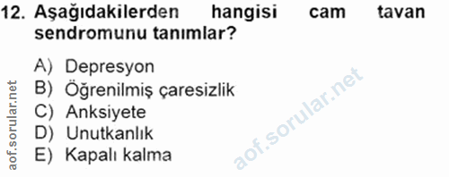 12. soru: Aşağıdakilerden hangisi cam tavan sendromunu tanimlar? A) Depresyon B) Öğrenilmiş çaresizlik C) Anksiyete D) Unutkanl…
