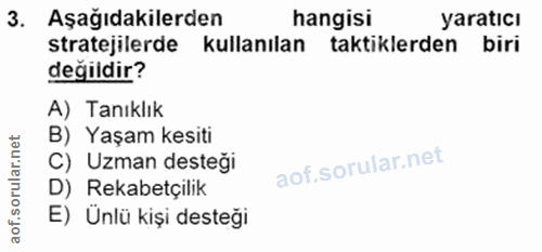 3. soru: Aşağıdakilerden hangisi yaratıcı stratejilerde kullanılan taktiklerden biri değildir? A) Tanıklık B) Yaşam kesiti C)…
