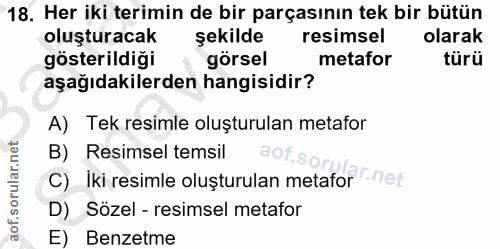 18. soru: Her iki terimin de bir parçasının tek bir bütün oluşturacak şekilde resimsel olarak gösterildiği görsel metafor türü…