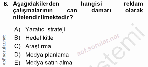 6. soru: Aşağıdakilerden hangisi reklam çalışmalarının can damarı olarak nitelendirilmektedir? A) Yaratıcı strateji B) Hedef k…