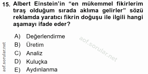 15. soru: Albert Einstein'in "en mükemmel fikirlerim tiraş olduğum sırada aklıma gelirler" sözü reklamda yaratıcı fikrin doğuşu…