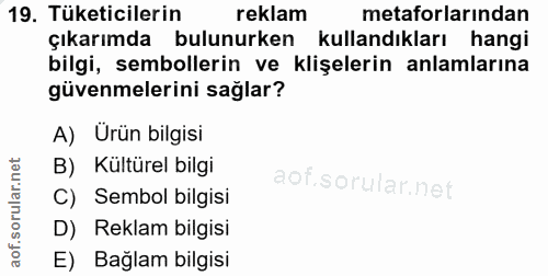 19. soru: Tüketicilerin reklam metaforlarından çıkarımda bulunurken kullandıkları hangi bilgi, sembollerin ve klişelerin anlaml…