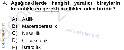 4. soru: Aşağıdakilerde hangisi yaratıcı bireylerin kesinlikle en gerekli özelliklerinden biridir? A) Asilik B) Maceraperestli…