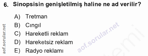 6. soru: Sinopsisin genişletilmiş haline ne ad verilir? A) Tretman B) Cingil C) Hareketli reklam D) Hareketsiz reklam E) Radyo…