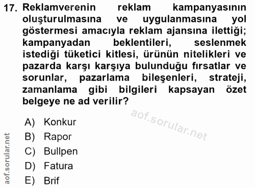 17. soru: Reklamverenin reklam kampanyasının oluşturulmasına ve uygulanmasına yol göstermesi amacıyla reklam ajansına ilettiği;…