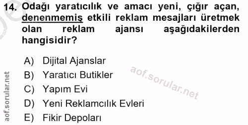 14. soru: Odağı yaratıcılık ve amacı yeni, çığır açan, denenmemiş etkili reklam mesajları üretmek olan reklam ajansı aşağıdakil…