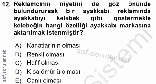 12. soru: Reklamcının niyetini de göz önünde bulundurursak bir ayakkabı reklaminda ayakkabıyı kelebek gibi göstermekle kelebeği…