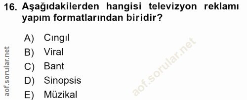 16. soru: Aşağıdakilerden hangisi televizyon reklamı yapım formatlarından biridir? A) Cingil B) Viral C) Bant D) Sinopsis E) Mü…