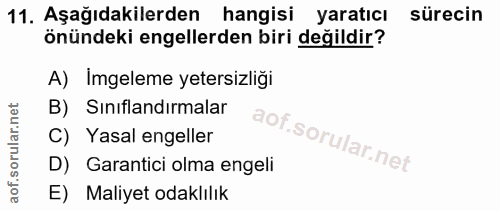 11. soru: Aşağıdakilerden hangisi yaratıcı sürecin önündeki engellerden biri değildir? A) Imgeleme yetersizliği B) Sınıflandırm…