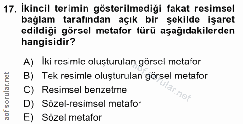17. soru: İkincil terimin gösterilmediği fakat resimsel bağlam tarafından açık bir şekilde işaret edildiği görsel metafor türü…