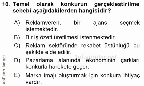10. soru: Temel olarak konkurun gerçekleştirilme sebebi aşağıdakilerden hangisidir? A) Reklamveren, bir ajans seçmek istemekted…