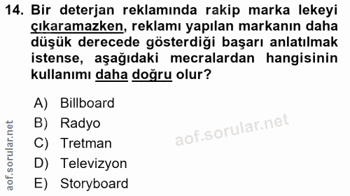 14. soru: Bir deterjan reklamında rakip marka lekeyi çıkaramazken, reklamı yapılan markanın daha düşük derecede gösterdiği başa…