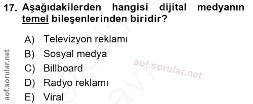 17. soru: Aşağıdakilerden hangisi dijital medyanın temel bileşenlerinden biridir? A) Televizyon reklamı B) Sosyal medya C) Bilb…