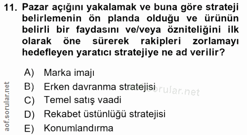 11. soru: Pazar açığını yakalamak ve buna göre strateji belirlemenin ön planda olduğu ve ürünün belirli bir faydasını ve/veya ö…