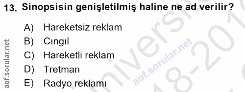 13. soru: Sinopsisin genişletilmiş haline ne ad verilir? A) Hareketsiz reklam B) Cingil C) Hareketli reklam D) Tretman E) Radyo…