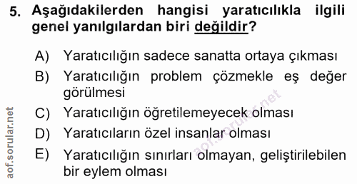 5. soru: Aşağıdakilerden hangisi yaratıcılıkla ilgili genel yanılgılardan biri değildir? A) Yaratıcılığın sadece sanatta ortay…