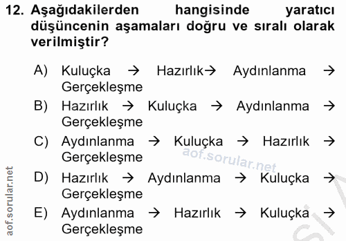 12. soru: Aşağıdakilerden hangisinde yaratıcı düşüncenin aşamaları doğru ve sıralı olarak verilmiştir? A) Kuluçka → Hazırlık→ A…