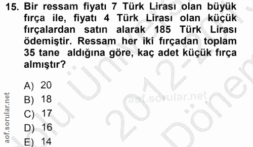 15. soru: Bir ressam fiyatı 7 Türk Lirası olan büyük fırça ile, fiyatı 4 Türk Lirası olan küçük fırçalardan satın alarak 185 Tü…