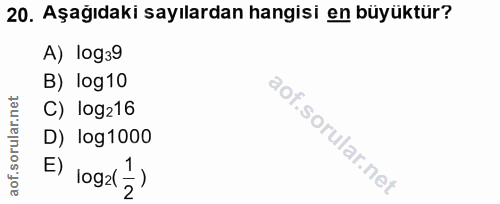 20. soru: Aşağıdaki sayılardan hangisi en büyüktür? A) log39 B) log10 C) log216 D) _log1000 E) 1092(→)