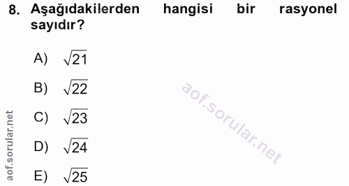 8. soru: Aşağıdakilerden hangisi bir rasyonel sayıdır? A) V21 B) V22 C) V23 D) v24 E) V25