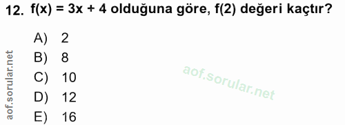 12. soru: f(x) = 3x + 4 olduğuna göre, f(2) değeri kaçtır? A) 2 B) 8 C) 10 D) 12 E) 16