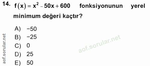 14. soru: f(x) = x'- 50x +600 fonksiyonunun yerel minimum değeri kaçtır? A) -50 B) -25 D) 25 E) 50