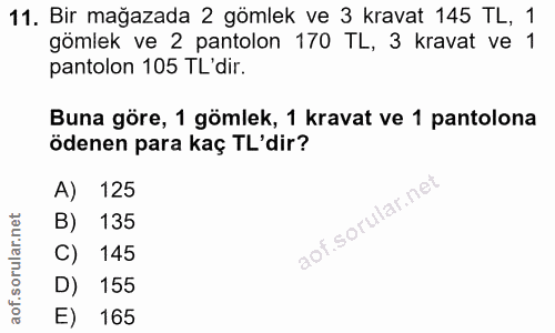 11. soru: Bir mağazada 2 gömlek ve 3 kravat 145 TL, 1 gömlek ve 2 pantolon 170 TL, 3 kravat ve 1 pantolon 105 TL'dir. Buna göre…
