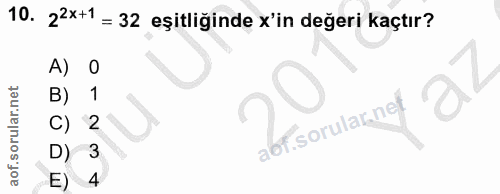 10. soru: 22x+1 = 32 eşitliğinde x'in değeri kaçtır? A) B) 1 bisorulaknet O c) D) 3 E)