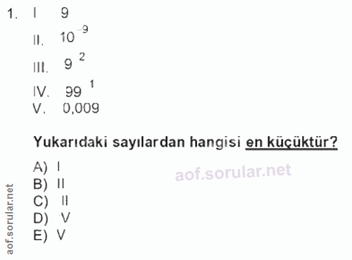 1. soru: I 9 11. 10 9 IlI. 9 ? IV. 99 ' V. 0,009 Yukarıdaki sayılardan hangisi en küçüktür? A) ! B) II C) D) V E) V